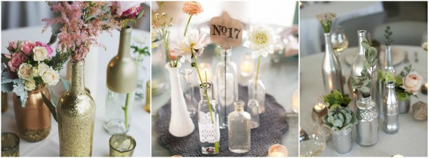 Une décoration de table éco friendly, glitter et tendnace avec des bouteilles de lait, de vin ou des mason jar